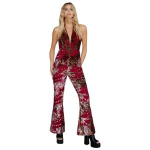 Floral Devore Halterneck Flared Jumpsuit